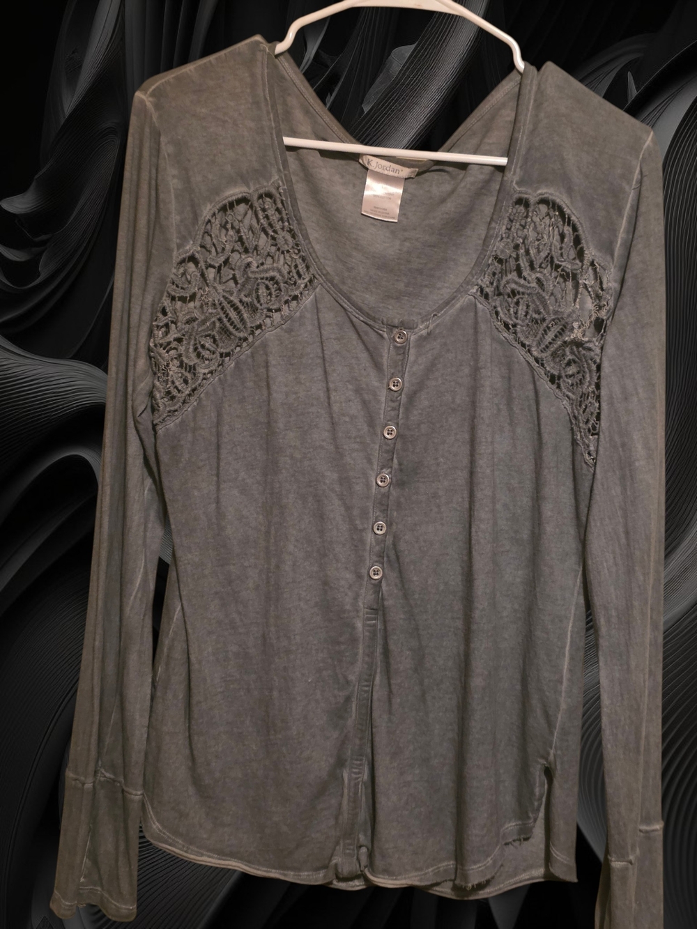 K Jordan Gray Lace-Yoke Long Sleeve Henley